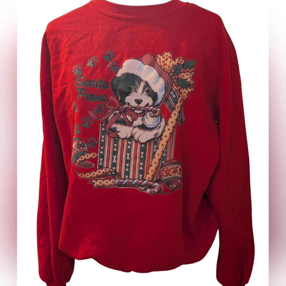 90s Vintage Air Waves Santa‎ Paws dog Christmas Graphic Sweatshirt Women L USA